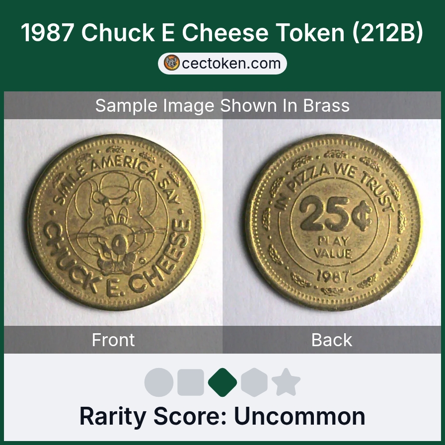 Chuck E. Cheese 212B 1987 Chuck E Cheese Token (212B) — sample listing image