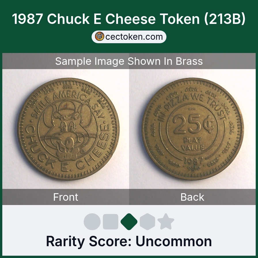 Chuck E. Cheese 213B 1987 Chuck E Cheese Token (213B) — sample listing image
