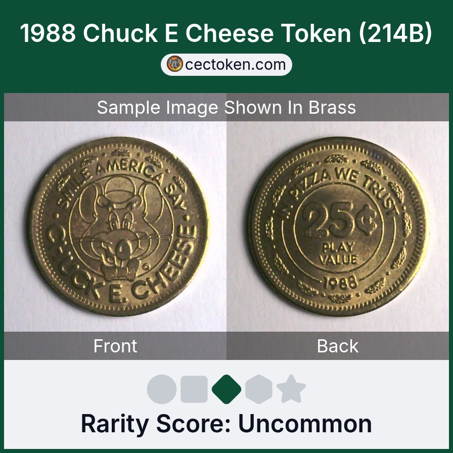 Chuck E. Cheese 214B 1988 Chuck E Cheese Token (214B) — sample listing image