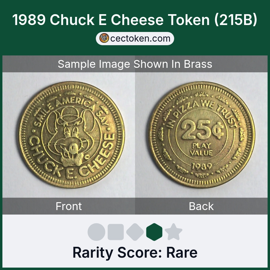 Chuck E. Cheese 215B 1989 Chuck E Cheese Token (215B) — sample listing image