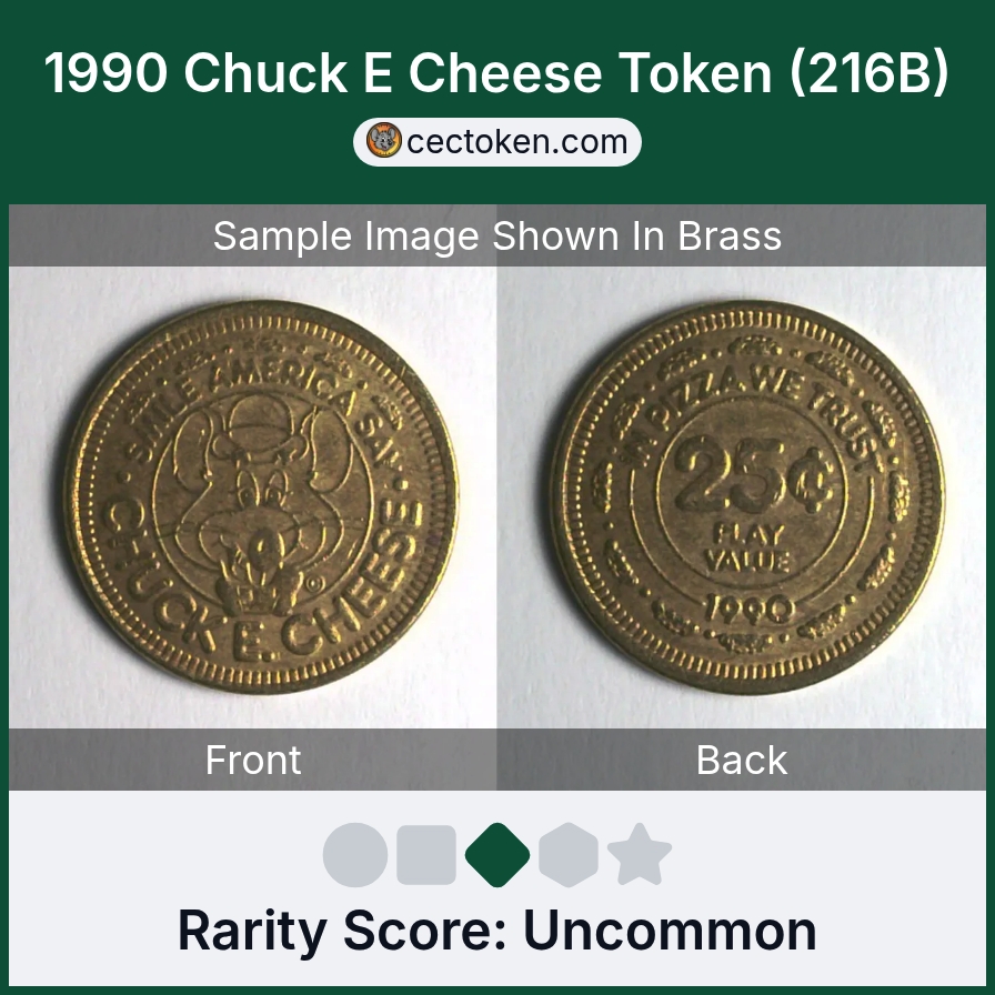 Chuck E. Cheese 216B 1990 Chuck E Cheese Token (216B) — sample listing image