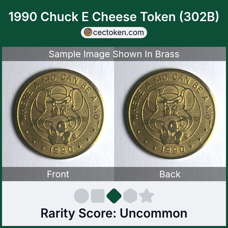 Chuck E. Cheese 302B 1990 Chuck E Cheese Token (302B) — sample listing image