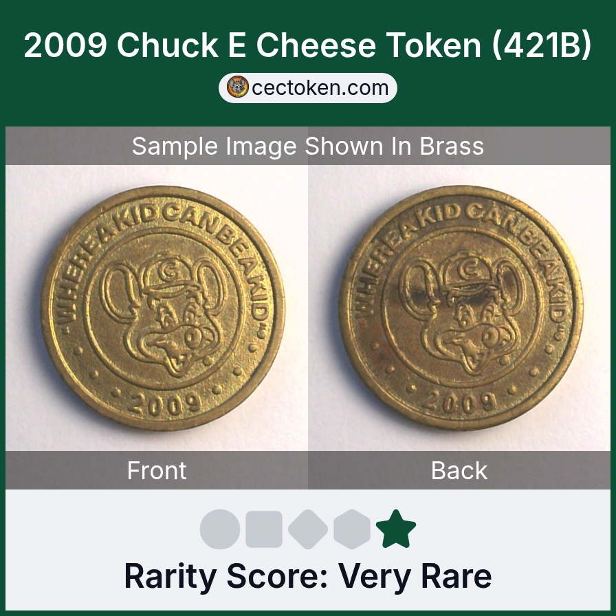 Chuck E. Cheese 421B 2009 Chuck E Cheese Token (421B) — sample listing image