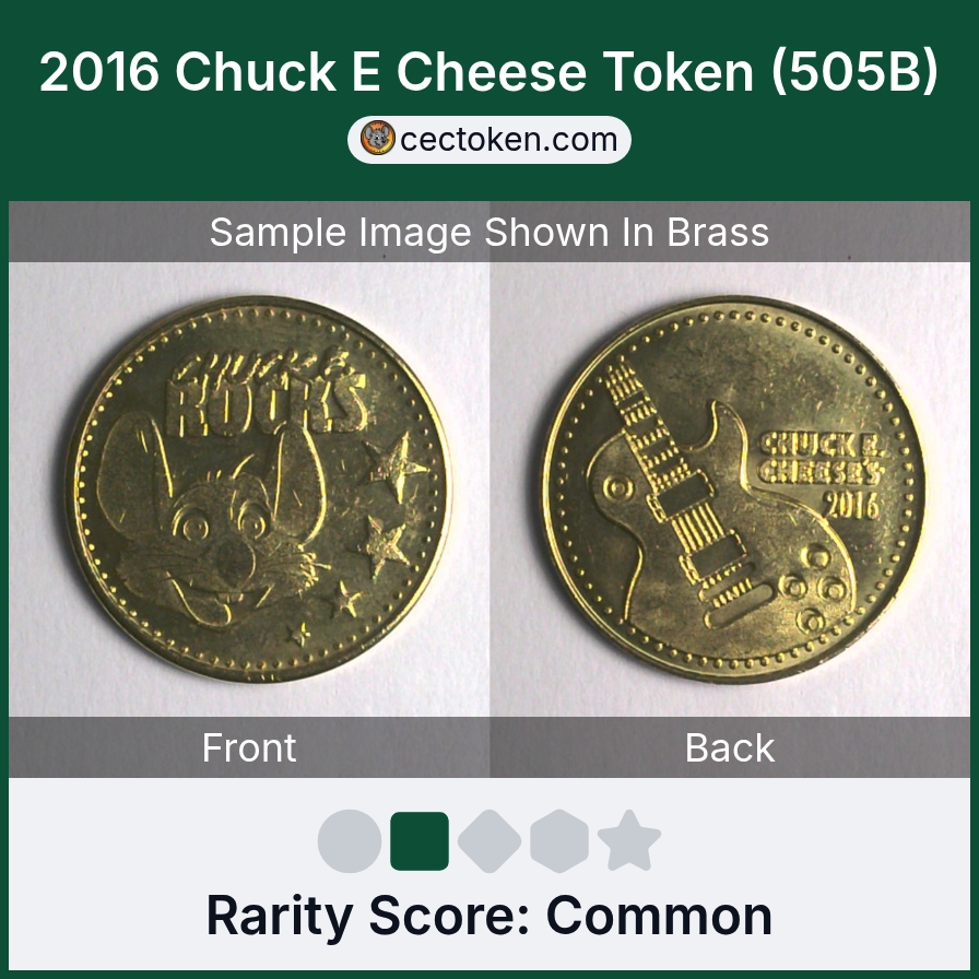 Chuck E. Cheese 505B 2016 Chuck E Cheese Token (505B) — sample listing image