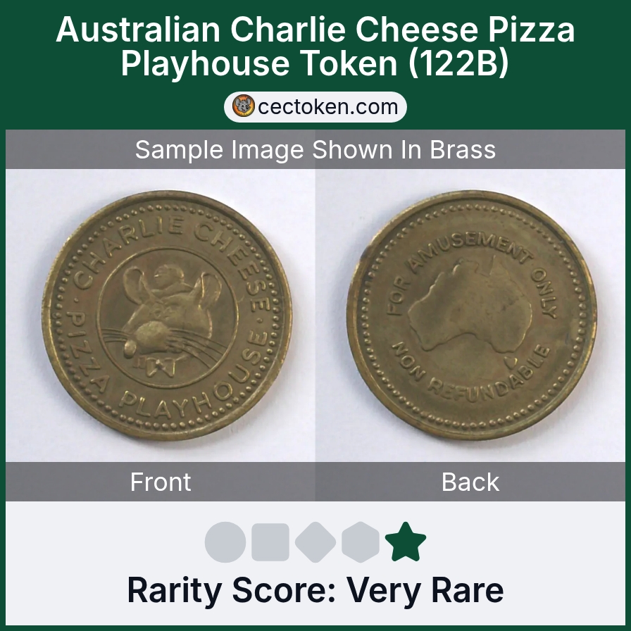 Charlie Cheese's Pizza Playhouse 122B Australian Charlie Cheese Pizza Playhouse Token (122B) — sample listing image