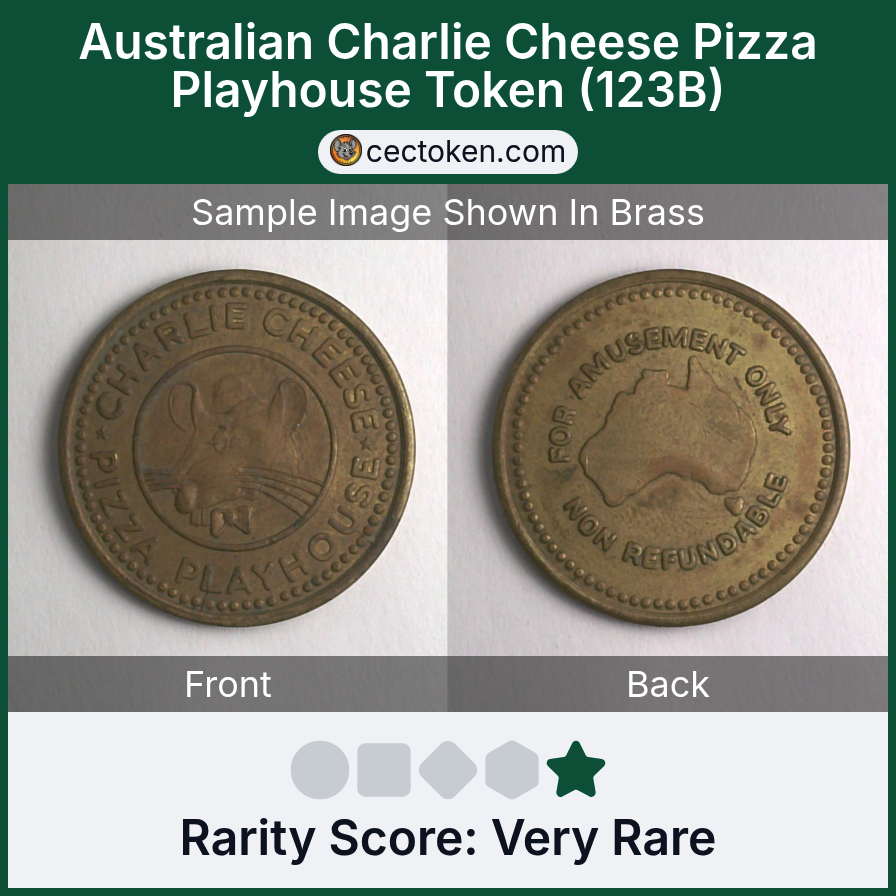 Charlie Cheese's Pizza Playhouse 123B Australian Charlie Cheese Pizza Playhouse Token (123B) — sample listing image