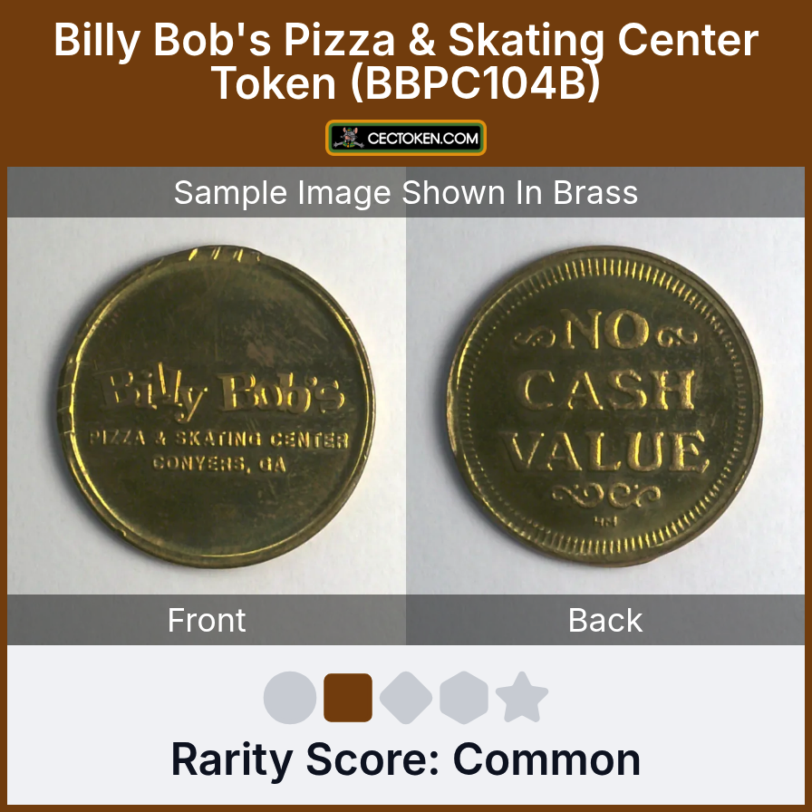 Billy Bob's Pizza Circus BBPC104B Billy Bob's Pizza & Skating Center Token (BBPC104B) — sample listing image