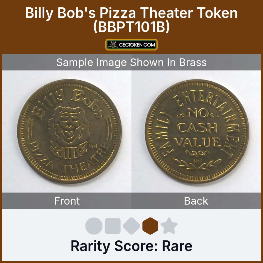 Billy Bob's Pizza Theatre BBPT101B Billy Bob's Pizza Theater Token (BBPT101B) — sample listing image