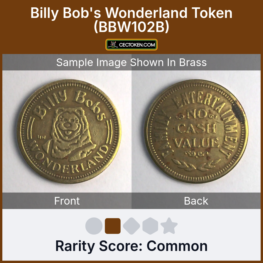 Billy Bob's Wonderland BBW102B Billy Bob's Wonderland Token (BBW102B) — sample listing image