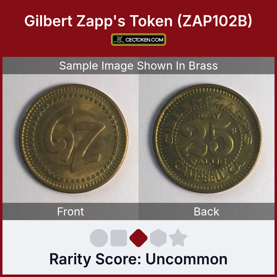 Zapp's Games, Bar & Grill ZAP102B Gilbert Zapp's Token (ZAP102B) — sample listing image