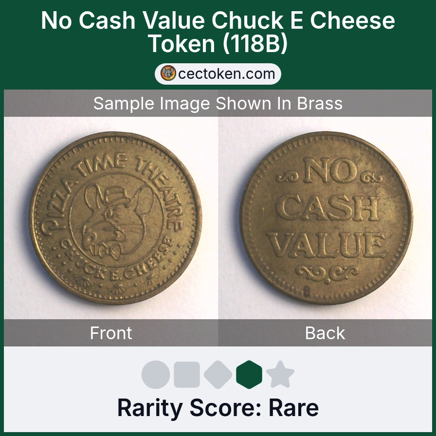 Chuck E. Cheese 118B No Cash Value Chuck E Cheese Token (118B) — sample listing image