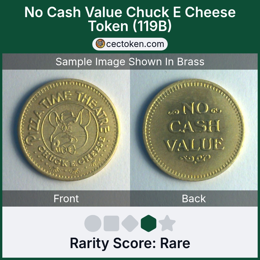 Chuck E. Cheese 119B No Cash Value Chuck E Cheese Token (119B) — sample listing image