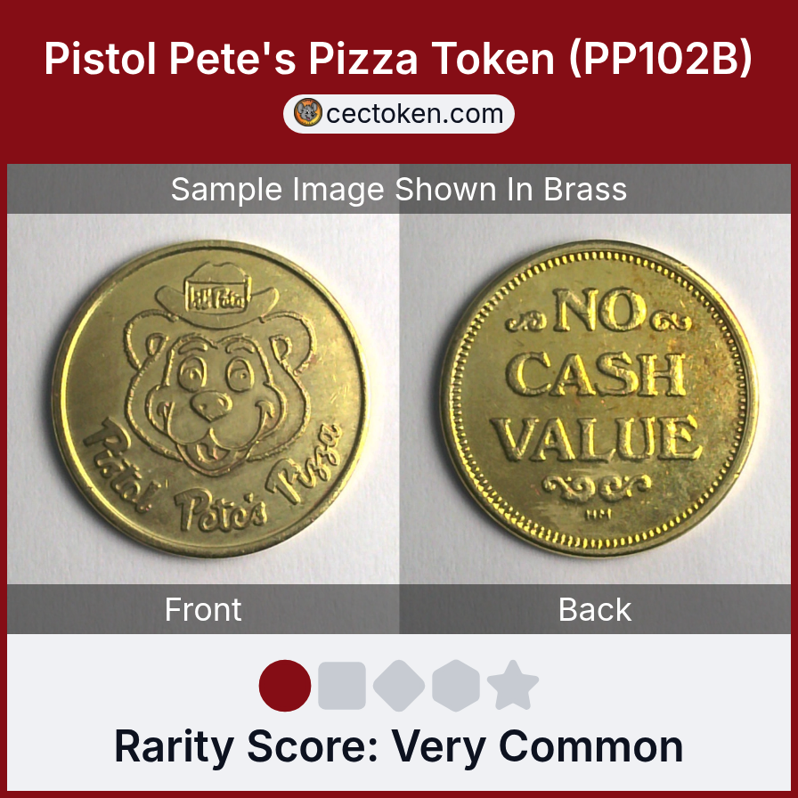 Pistol Pete's Pizza PP102B Pistol Pete's Pizza Token (PP102B) — sample listing image