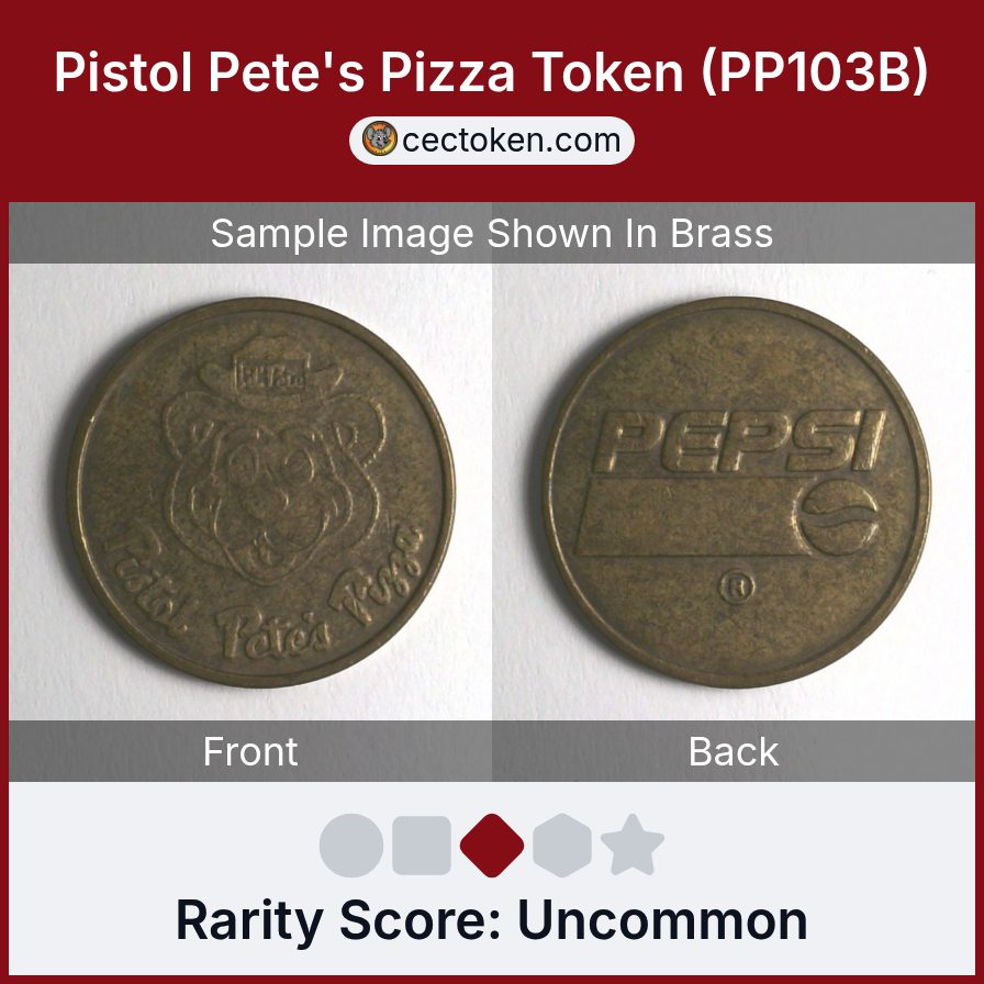 Pistol Pete's Pizza PP103B Pistol Pete's Pizza Token (PP103B) — sample listing image