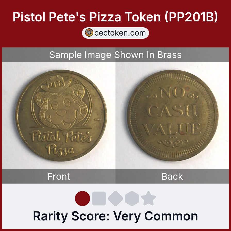 Pistol Pete's Pizza PP201B Pistol Pete's Pizza Token (PP201B) — sample listing image