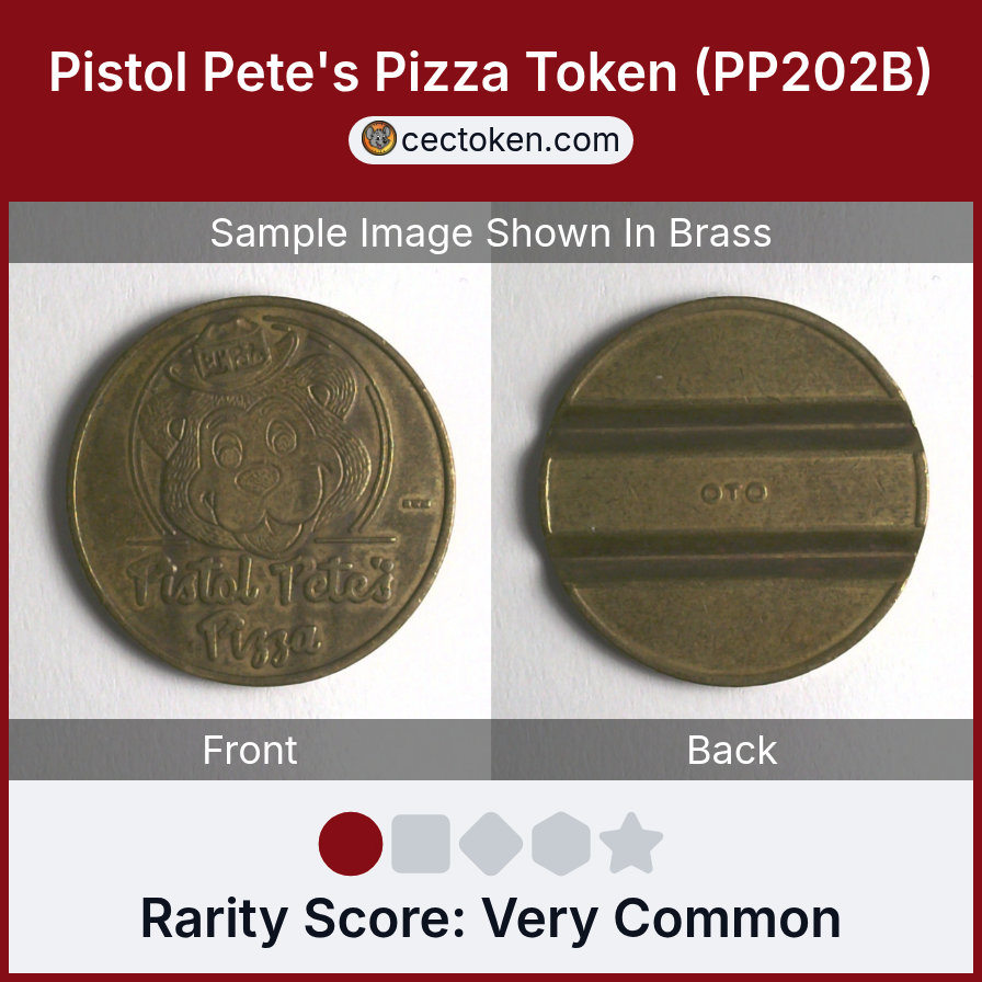 Pistol Pete's Pizza PP202B Pistol Pete's Pizza Token (PP202B) — sample listing image