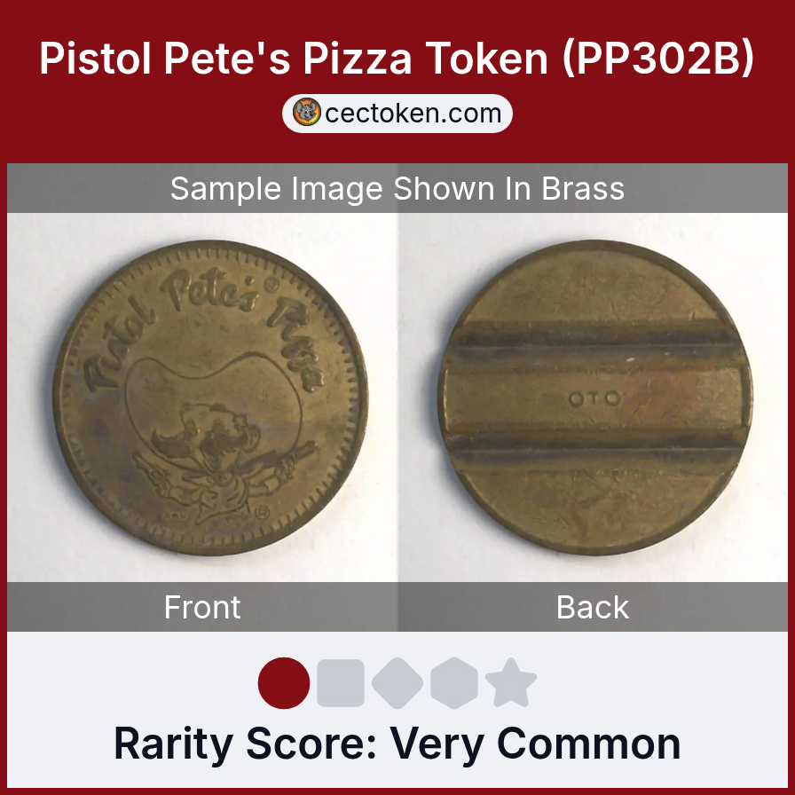 Pistol Pete's Pizza PP302B Pistol Pete's Pizza Token (PP302B) — sample listing image