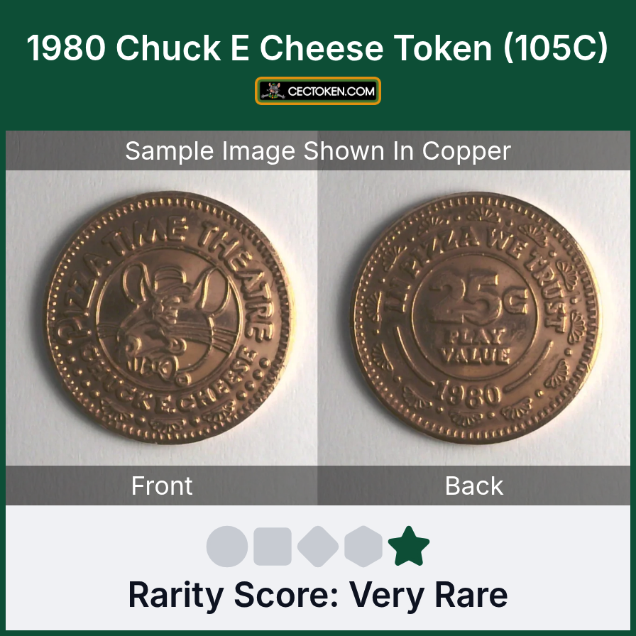 Chuck E. Cheese 105C 1980 Chuck E Cheese Token (105C) — sample listing image