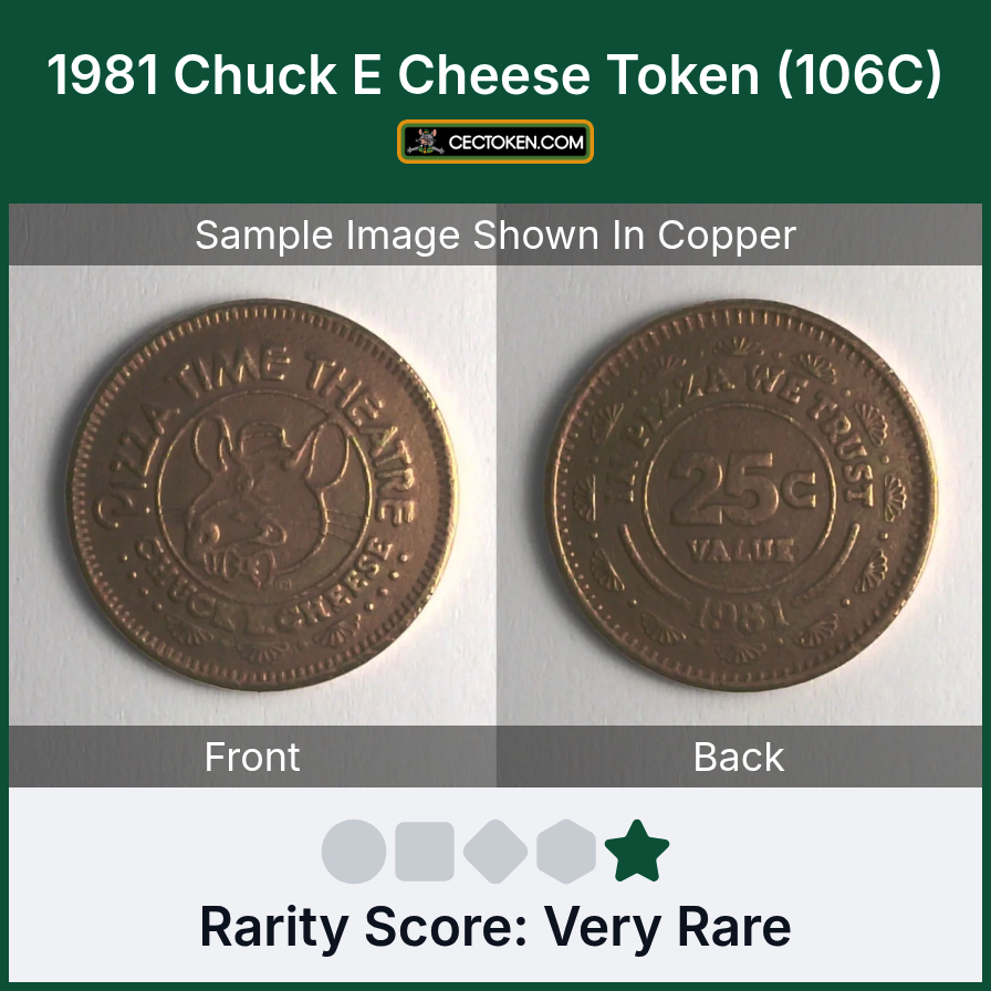 Chuck E. Cheese 106C 1981 Chuck E Cheese Token (106C) — sample listing image
