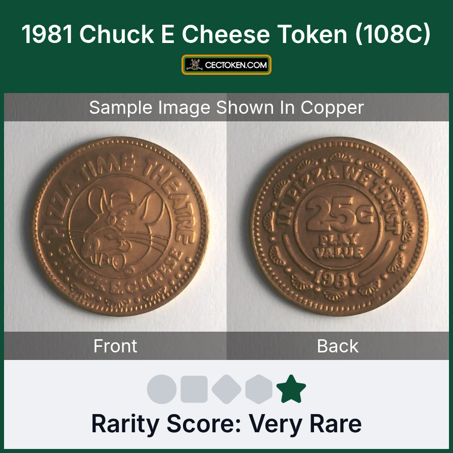 Chuck E. Cheese 108C 1981 Chuck E Cheese Token (108C) — sample listing image