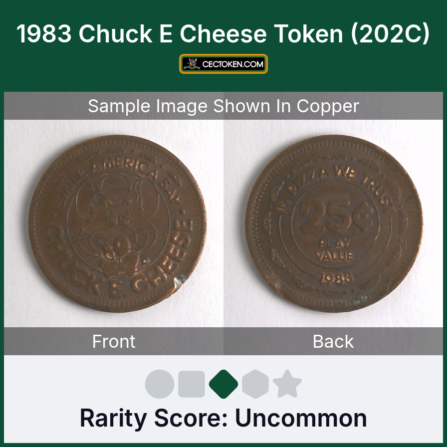 Chuck E. Cheese 202C 1983 Chuck E Cheese Token (202C) — sample listing image