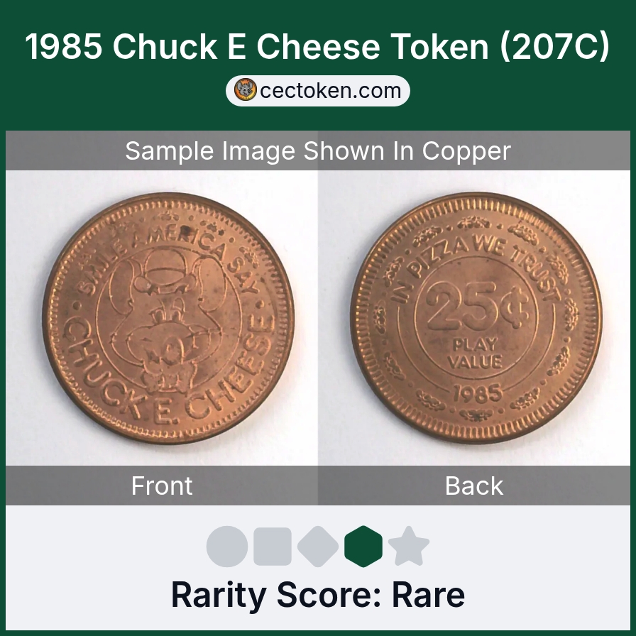 Chuck E. Cheese 207C 1985 Chuck E Cheese Token (207C) — sample listing image