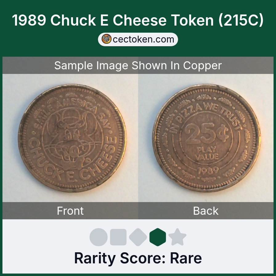 Chuck E. Cheese 215C 1989 Chuck E Cheese Token (215C) — sample listing image