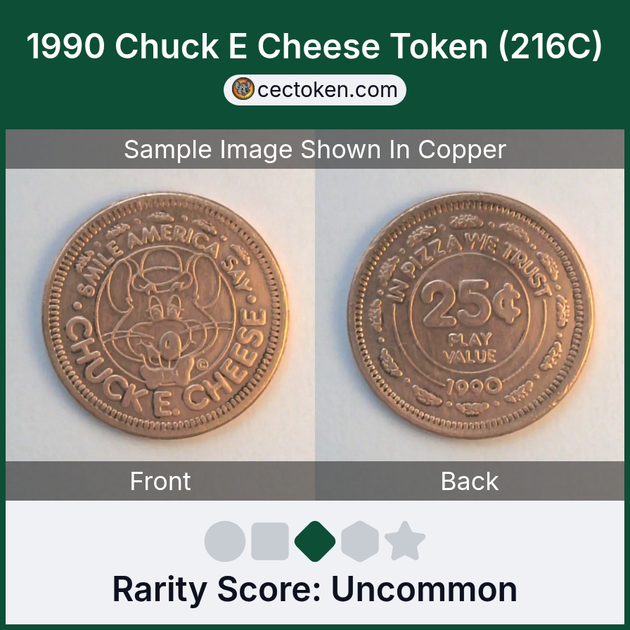 Chuck E. Cheese 216C 1990 Chuck E Cheese Token (216C) — sample listing image