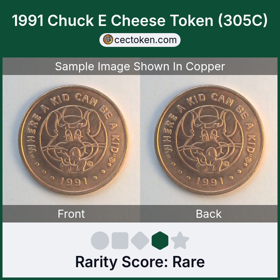 Chuck E. Cheese 305C 1991 Chuck E Cheese Token (305C) — sample listing image