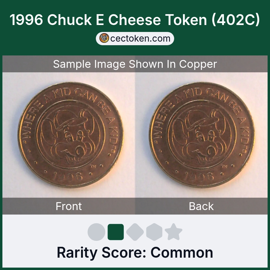 Chuck E. Cheese 402C 1996 Chuck E Cheese Token (402C) — sample listing image