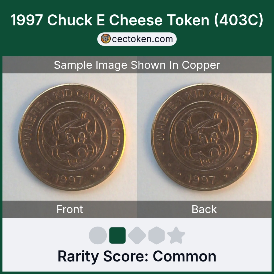 Chuck E. Cheese 403C 1997 Chuck E Cheese Token (403C) — sample listing image
