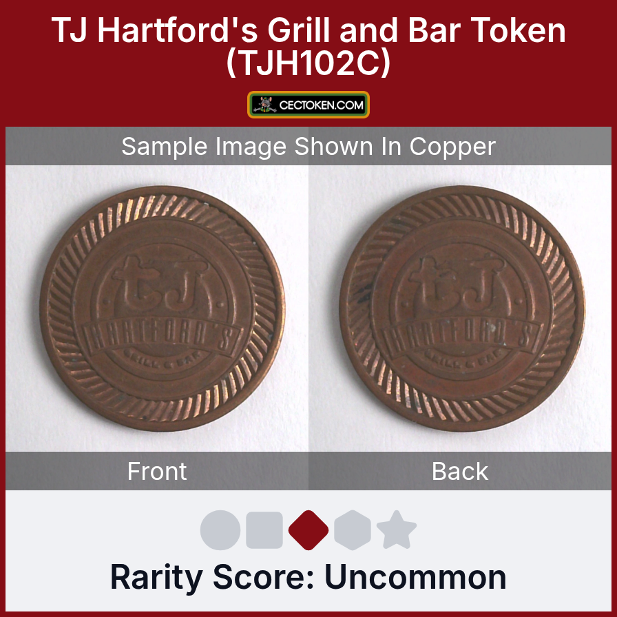 T.J. Hartford's Grill & Bar TJH102C TJ Hartford's Grill and Bar Token (TJH102C) — sample listing image