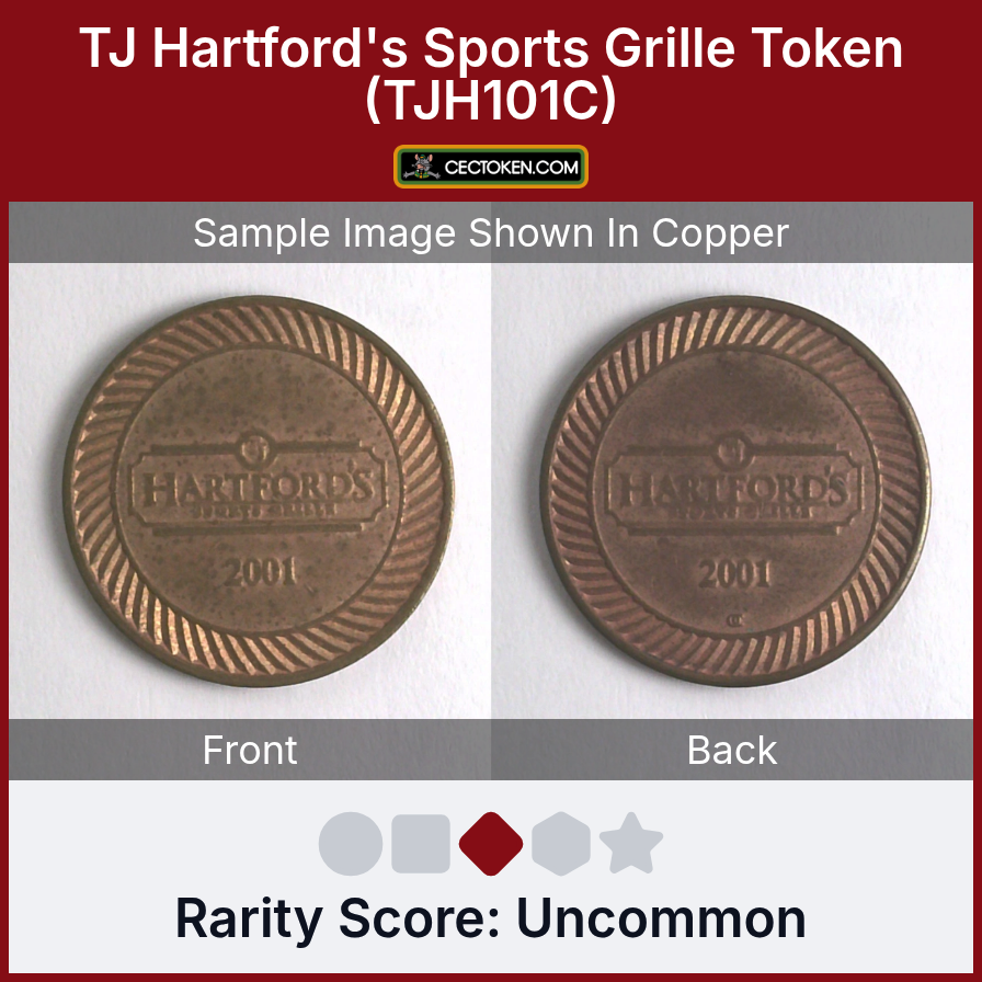 T.J. Hartford's Grill & Bar TJH101C TJ Hartford's Sports Grille Token (TJH101C) — sample listing image