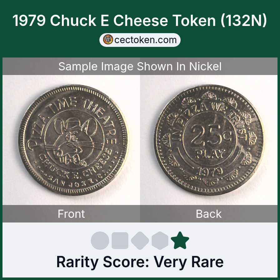 Chuck E. Cheese 132N 1979 San Jose Chuck E Cheese Token (132N) — sample listing image