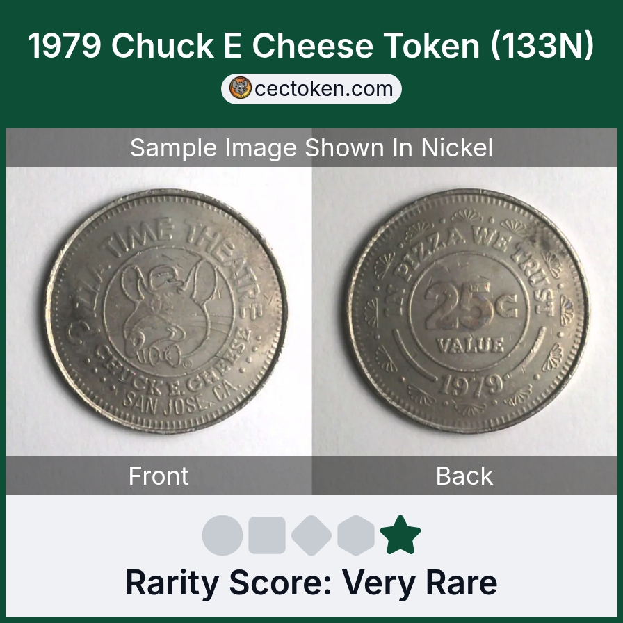 Chuck E. Cheese 133N 1979 Chuck E Cheese Token (133N) — sample listing image