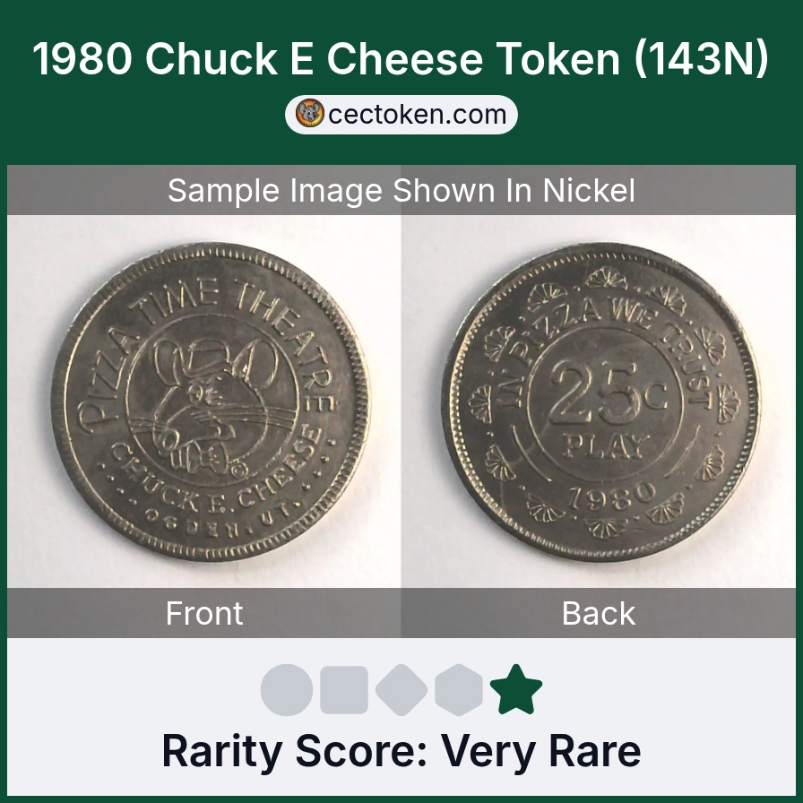 Chuck E. Cheese 143N 1980 Chuck E Cheese Token (143N) — sample listing image