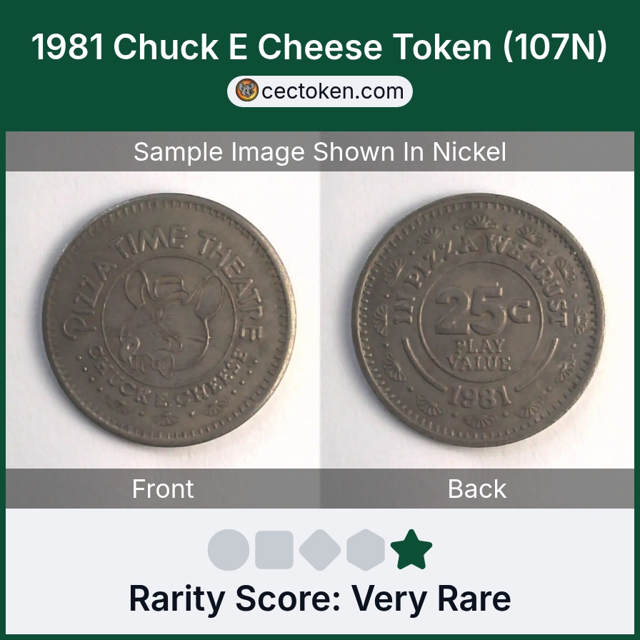 Chuck E. Cheese 107N 1981 Chuck E Cheese Token (107N) — sample listing image