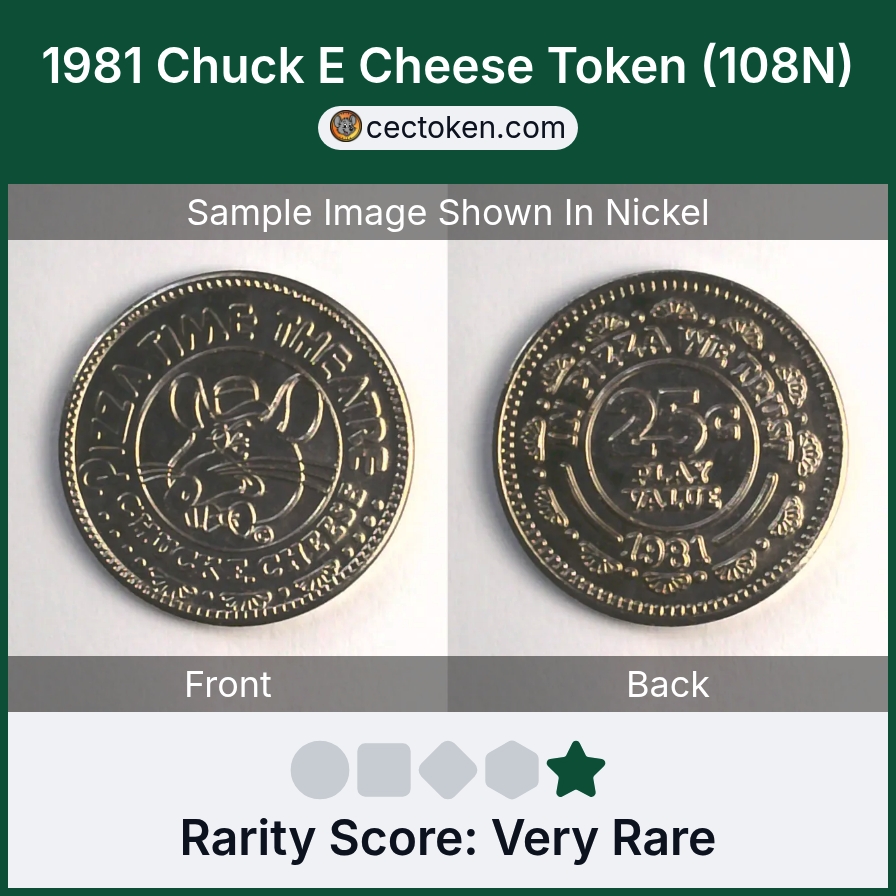 Chuck E. Cheese 108C 1981 Chuck E Cheese Token (108C) — sample listing image