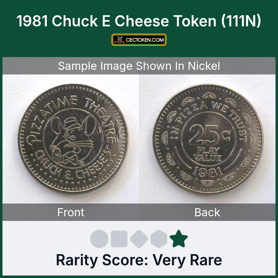 Chuck E. Cheese 111N 1981 Chuck E Cheese Token (111N) — sample listing image