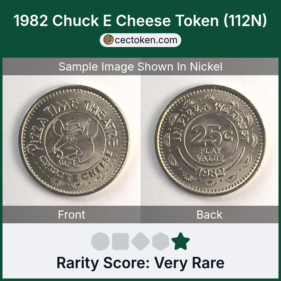 Chuck E. Cheese 112N 1982 Chuck E Cheese Token (112N) — sample listing image