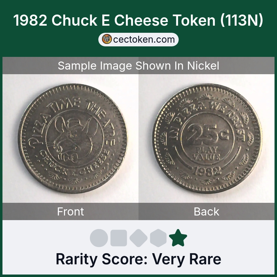 Chuck E. Cheese 113N 1982 Chuck E Cheese Token (113N) — sample listing image