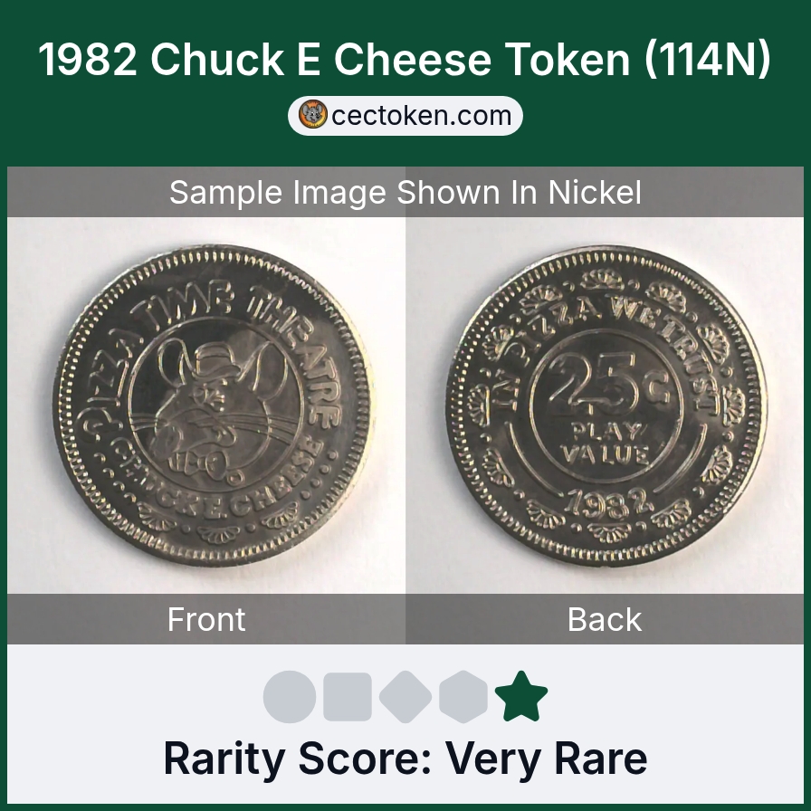 Chuck E. Cheese 114N 1982 Chuck E Cheese Token (114N) — sample listing image