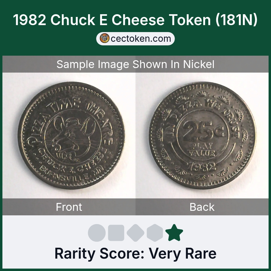 Chuck E. Cheese 181N 1982 Chuck E Cheese Token (181N) — sample listing image