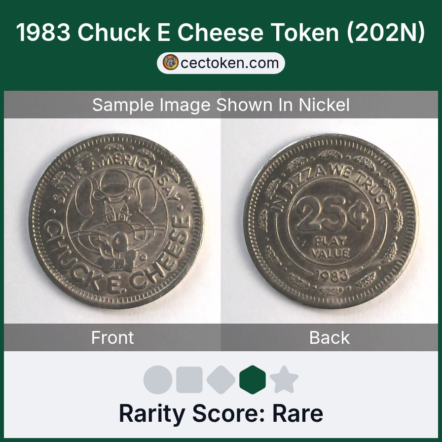 Chuck E. Cheese 202N 1983 Chuck E Cheese Token (202N) — sample listing image