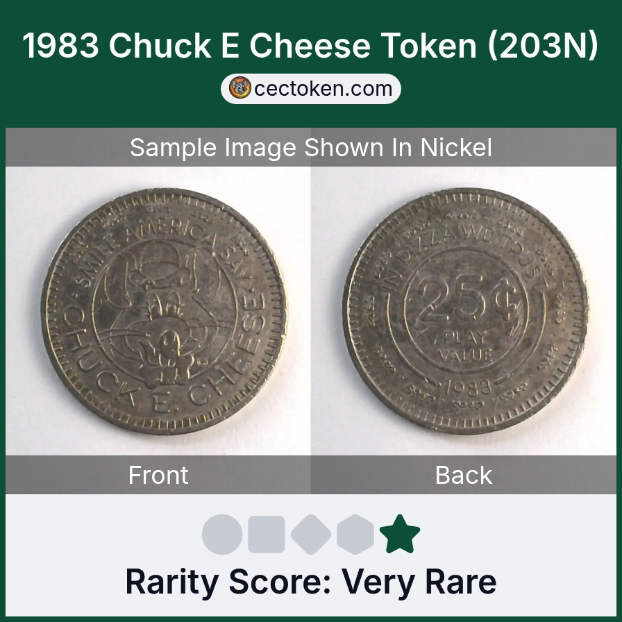 Chuck E. Cheese 203N 1983 Chuck E Cheese Token (203N) — sample listing image