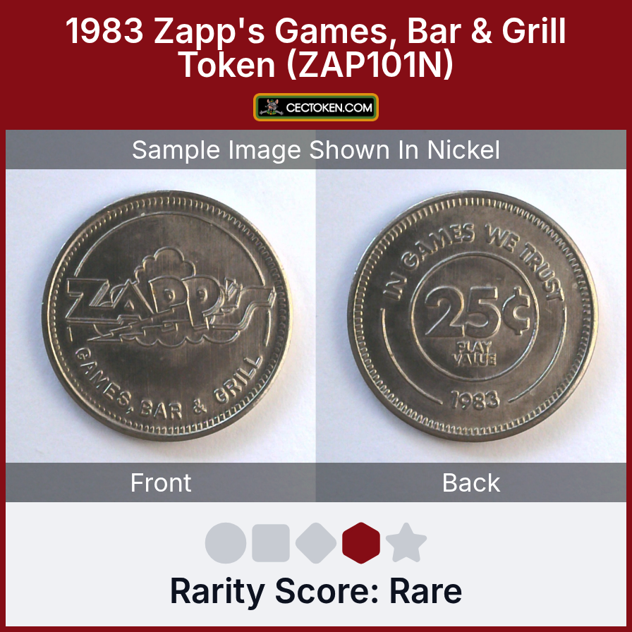 Zapp's Games, Bar & Grill ZAP101N 1983 Zapp's Games, Bar & Grill Token (ZAP101N) — sample listing image