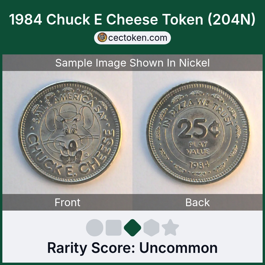Chuck E. Cheese 204N 1984 Chuck E Cheese Token (204N) — sample listing image