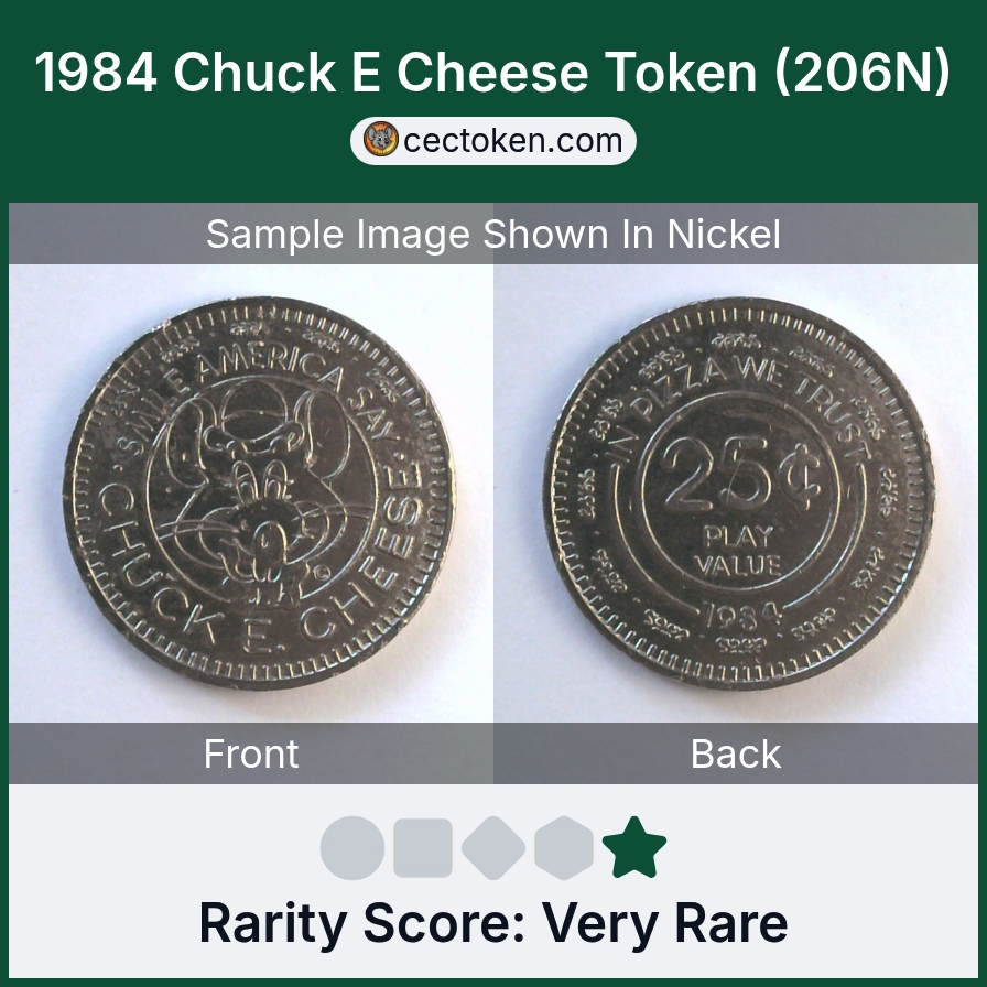 Chuck E. Cheese 206N 1984 Chuck E Cheese Token (206N) — sample listing image