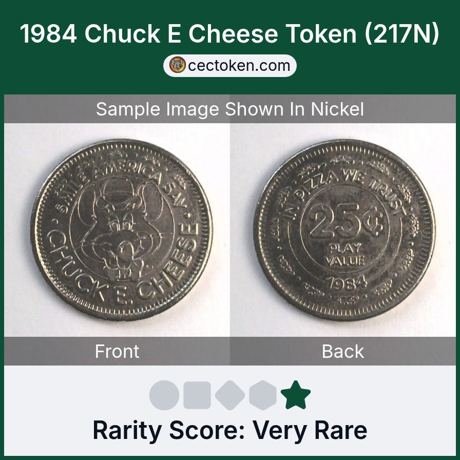 Chuck E. Cheese 217N 1984 Chuck E Cheese Token (217N) — sample listing image