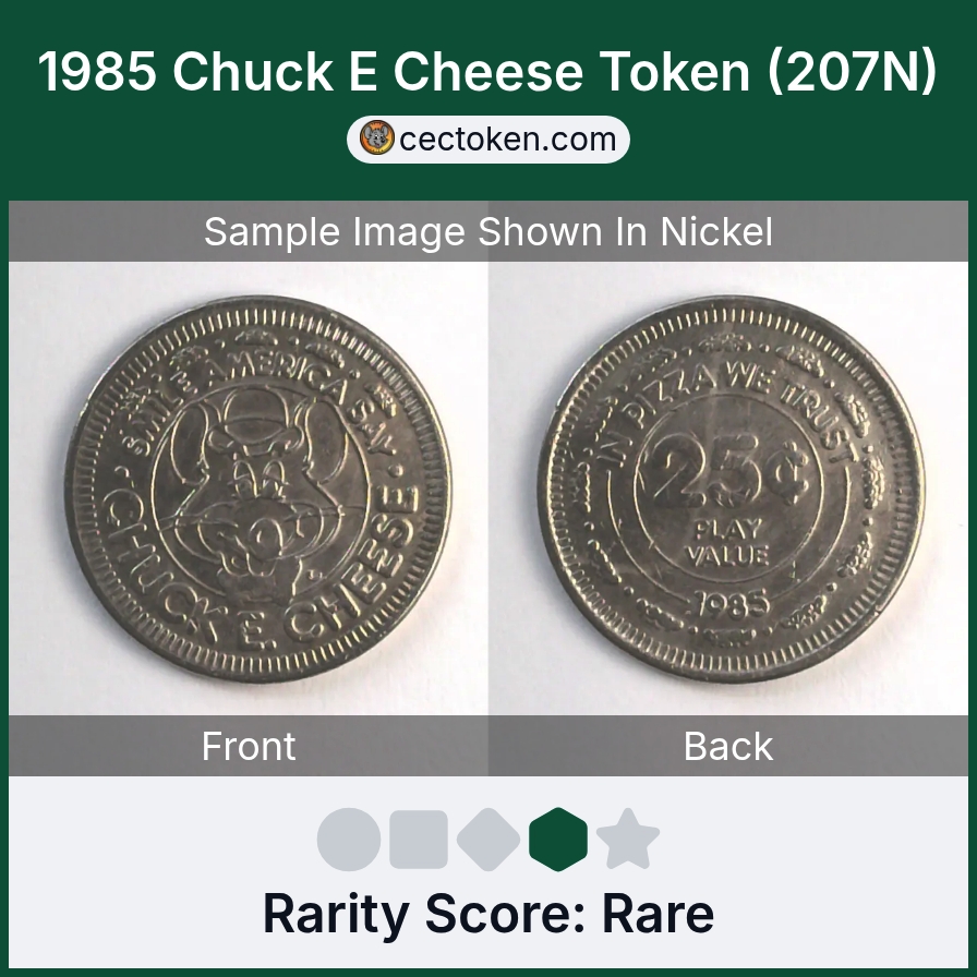 Chuck E. Cheese 207N 1985 Chuck E Cheese Token (207N) — sample listing image